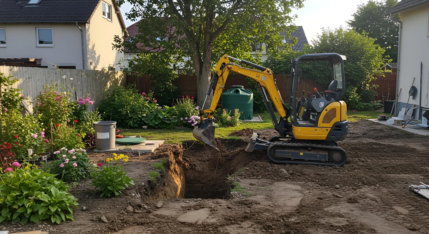 CMD GrünBau - Garten- und Landschaftsbau - Bagger gräbt Loch im Hinterhof eines Wohnhauses